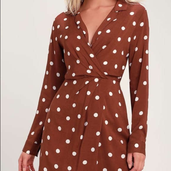 Rust Brown Polka Dot Surplice Mini Dress Small - Picture 2 of 6